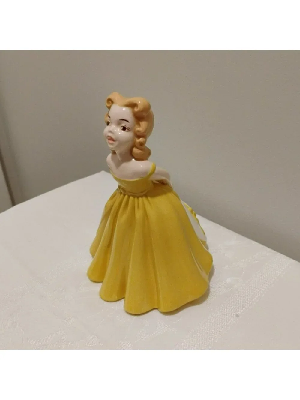 Vtg 1966 Ceramic Girl Figurine Yellow Ballgown Dress Sun Hat Hand Painted MCM